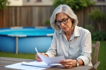 Propriétaire consultant des documents administratifs de déclaration de piscine hors sol dans son jardin