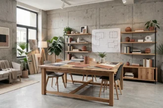 Showroom d'un décorateur d'intérieur en Seine-Saint-Denis avec mobilier moderne, échantillons de matériaux et plans d'architecture