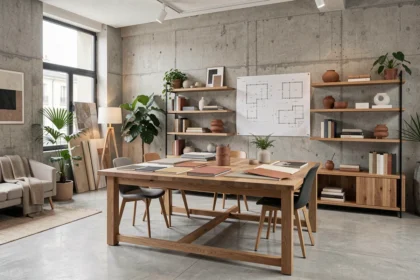 Showroom d'un décorateur d'intérieur en Seine-Saint-Denis avec mobilier moderne, échantillons de matériaux et plans d'architecture