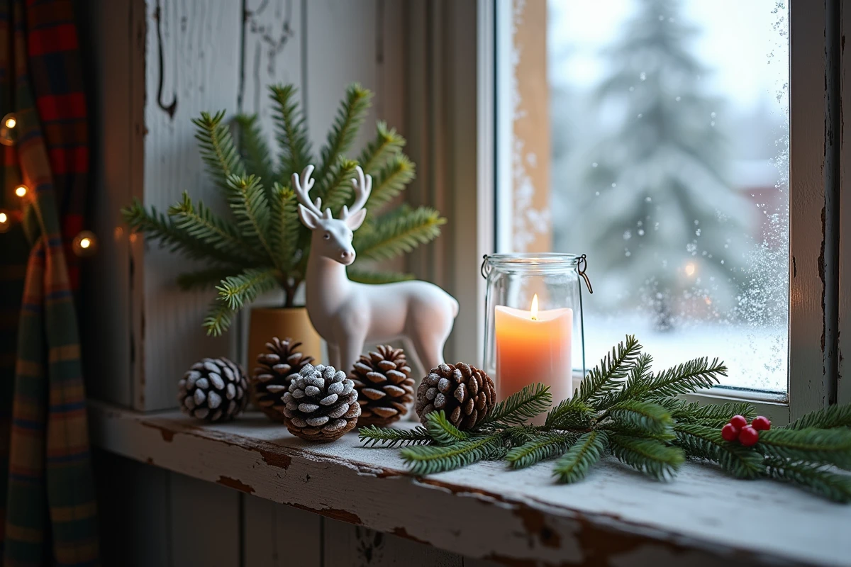 Décoration de Noël sur un rebord de fenêtre de chalet avec figurine en céramique, pommes de pin enneigées et lanterne en verre