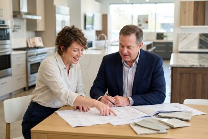 Femme souriante en design cuisine avec professionnel