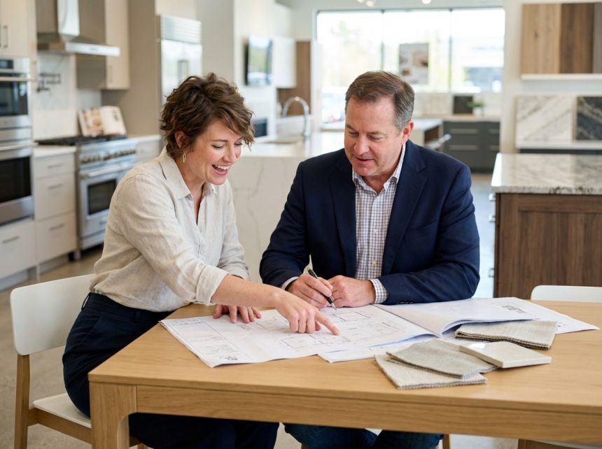 Femme souriante en design cuisine avec professionnel