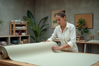 Créatrice textile inspectant un rouleau de toile enduite dans un studio de design moderne en 2026