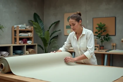 Créatrice textile inspectant un rouleau de toile enduite dans un studio de design moderne en 2026