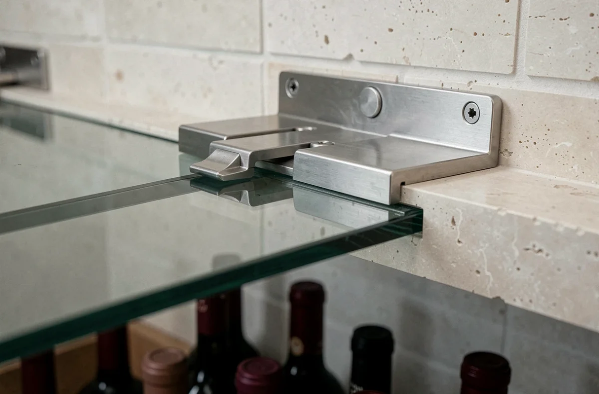 Détail des charnières en acier brossé et du mécanisme de verrouillage d'une trappe en verre pour cave à vin sur carrelage en calcaire