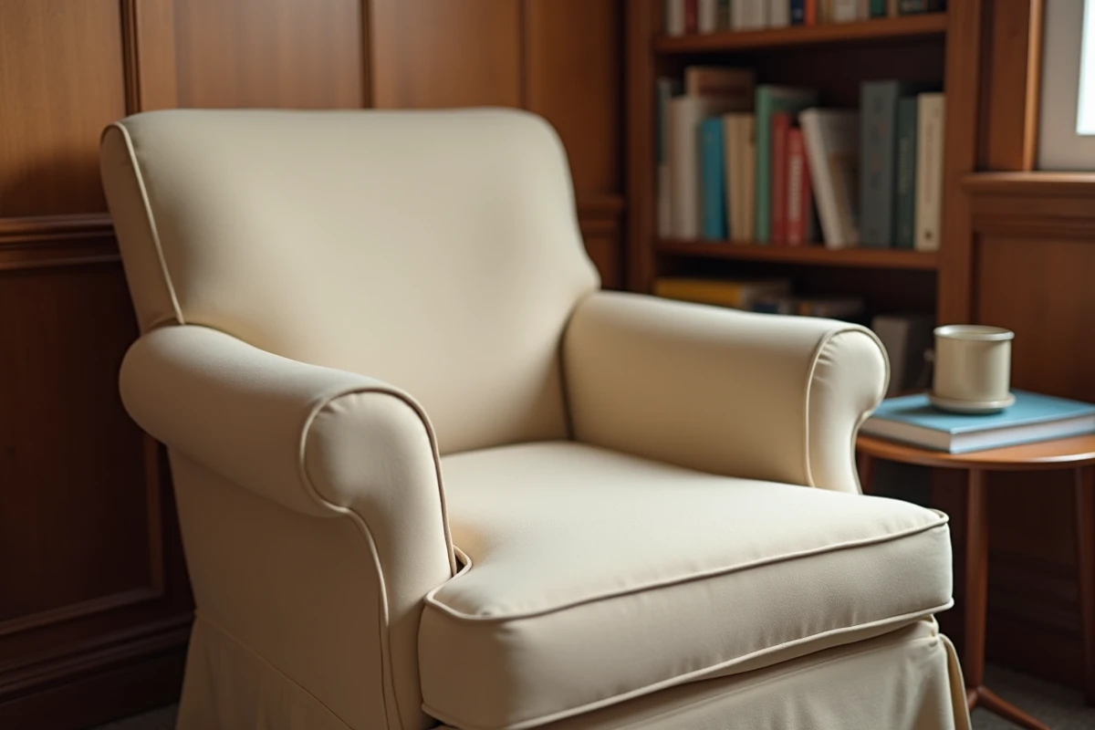 Gros plan sur une housse extensible beige bien ajustée sur un fauteuil club avec ourlet élastiqué visible