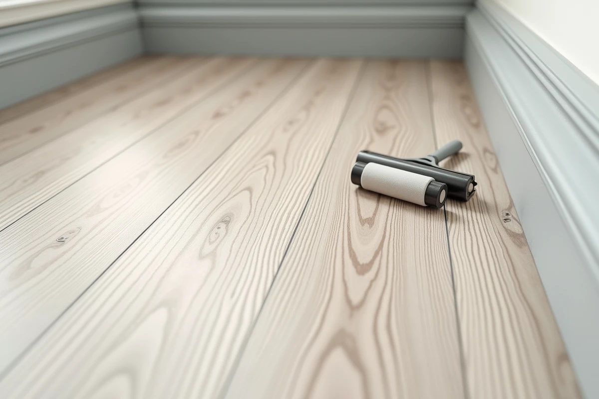 Détail de joint invisible sur sol PVC rouleau effet bois dans un salon