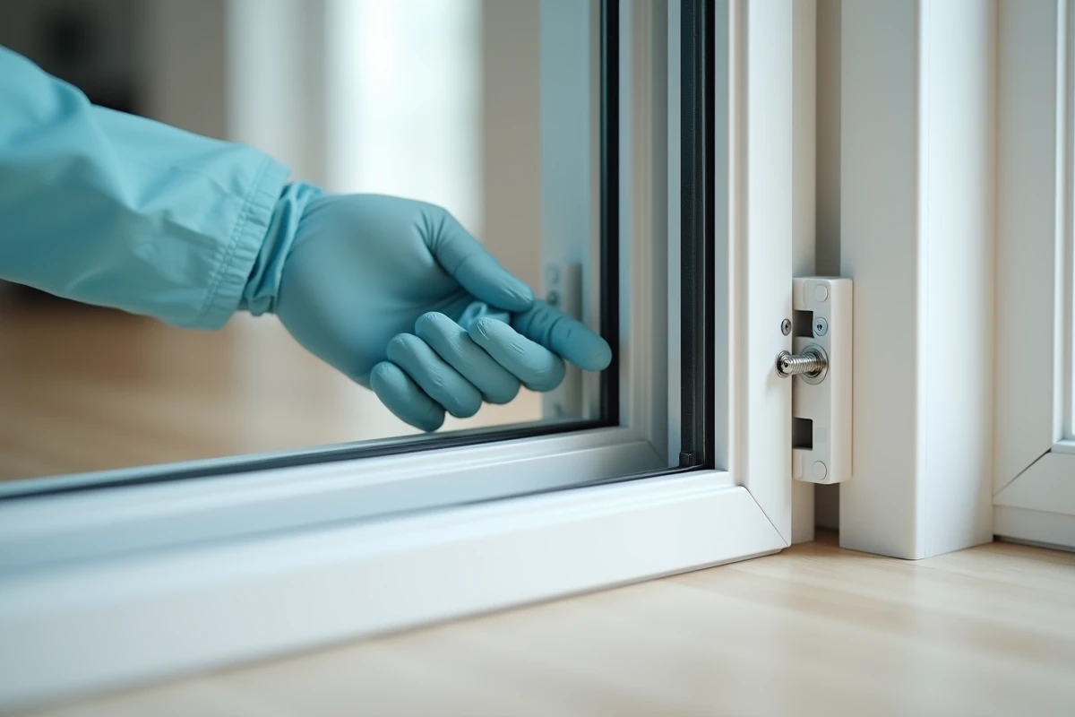 Détail du mécanisme de verrouillage et du profil aluminium d'une grande baie vitrée coulissante en showroom