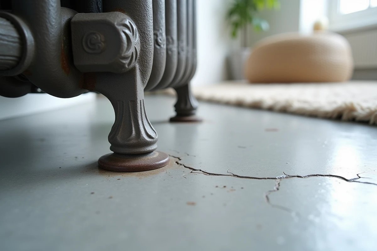 Détail des pieds d'un radiateur en fonte posés sur un plancher chauffant en béton poli avec cale isolante