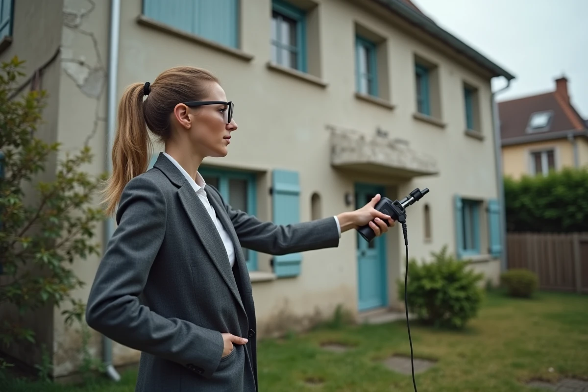 Conseillère en efficacité énergétique réalisant un diagnostic thermique de façade sur une maison pavillonnaire française des années 1980