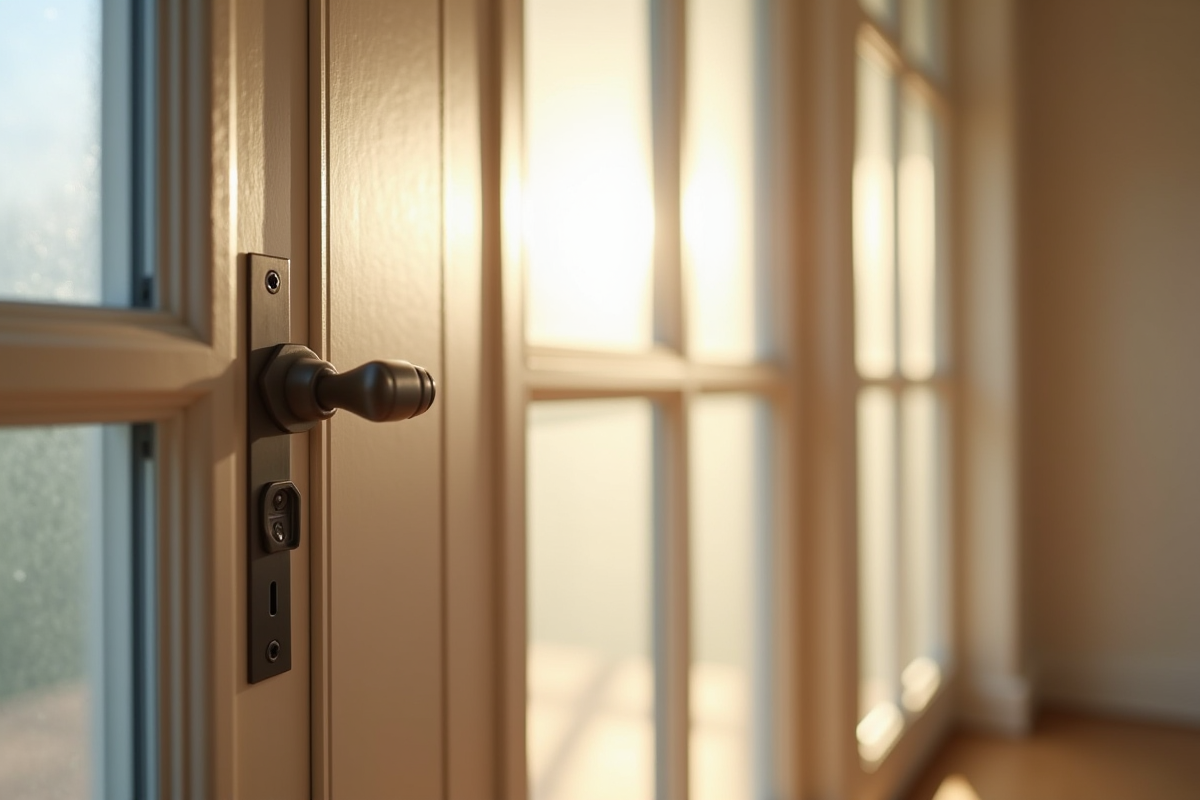 Zoom sur la poignée et la texture de la porte PVC intérieure