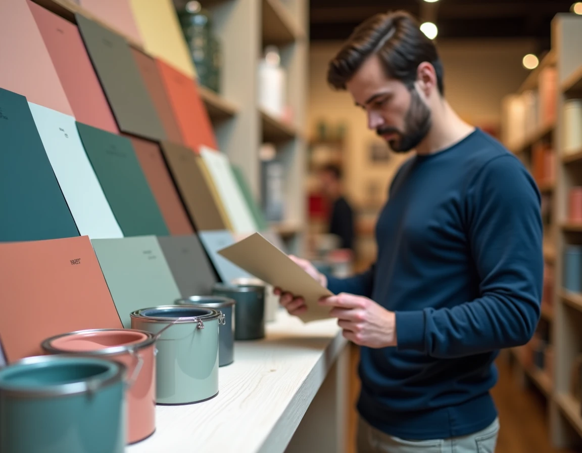 Échantillons de peinture tendance 2026 en boutique de décoration, palette de couleurs pour salon et chambre