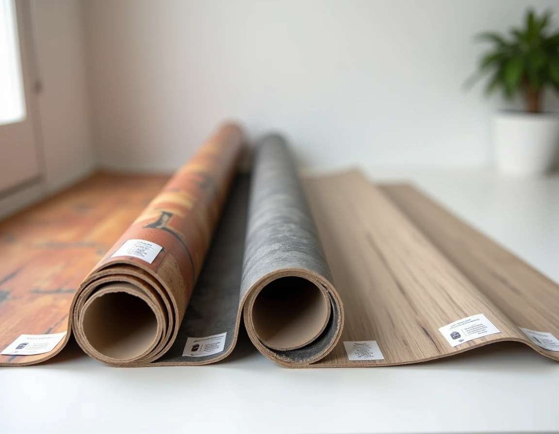 Trois rouleaux de sol PVC aux décors tendance 2026 : pierre terracotta, béton anthracite et bois frêne