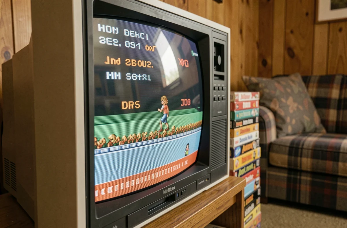Gros plan sur l'écran bombé d'un téléviseur CRT Trinitron affichant des graphismes pixelisés d'un jeu vidéo rétro 16 bits