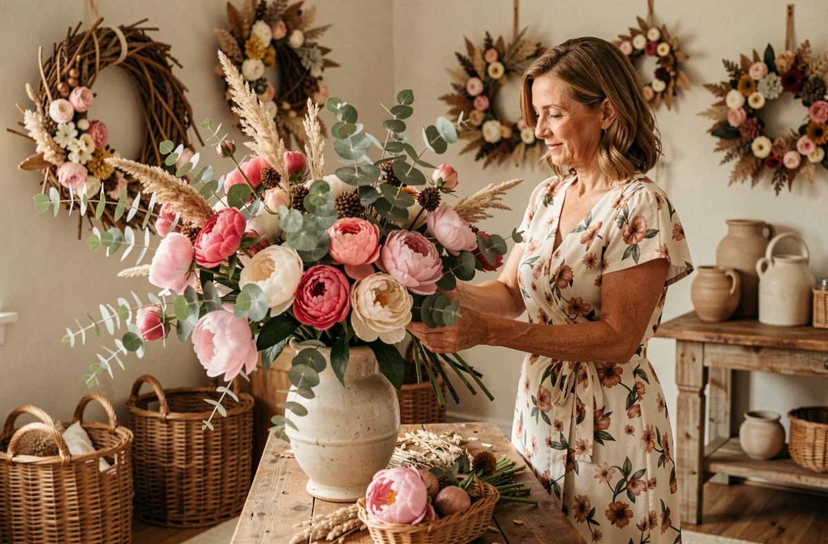 Décoratrice d'Eden Fleurs composant une installation florale luxuriante avec pivoines, eucalyptus et botaniques séchés dans un intérieur chaleureux