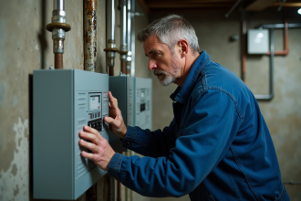 Électricien inspectant un tableau électrique humide dans un sous-sol
