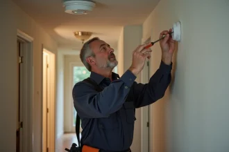 Électricien inspectant un détecteur de fumée au plafond dans un couloir résidentiel