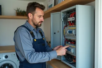 Électricien vérifiant un panneau électrique dans une maison