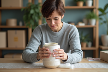Femme emballant une vase en céramique dans un intérieur calme