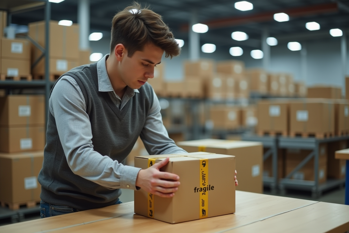 Homme scellant un colis fragile dans un entrepôt animé