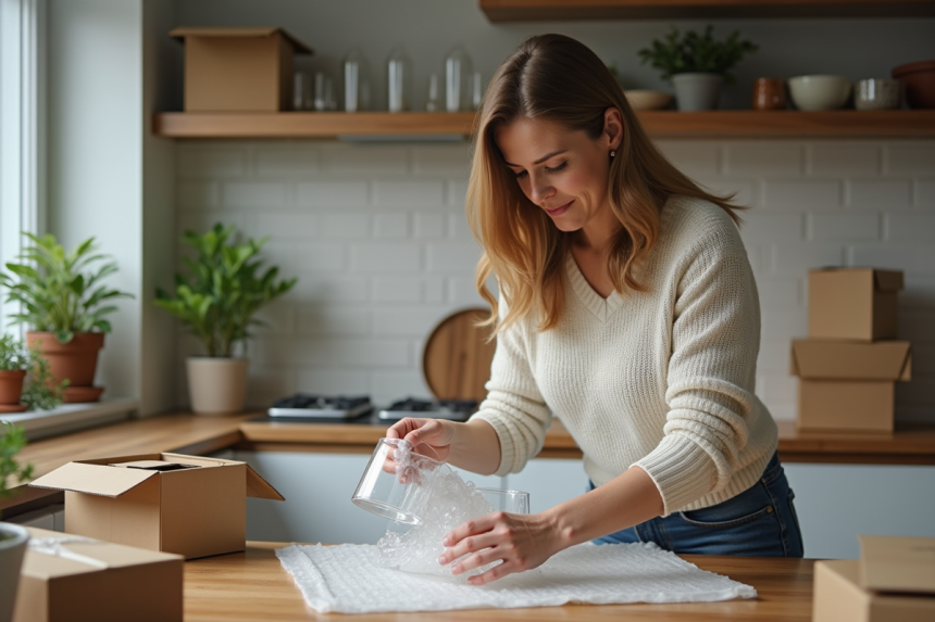 Femme emballant des verres dans une cuisine chaleureuse