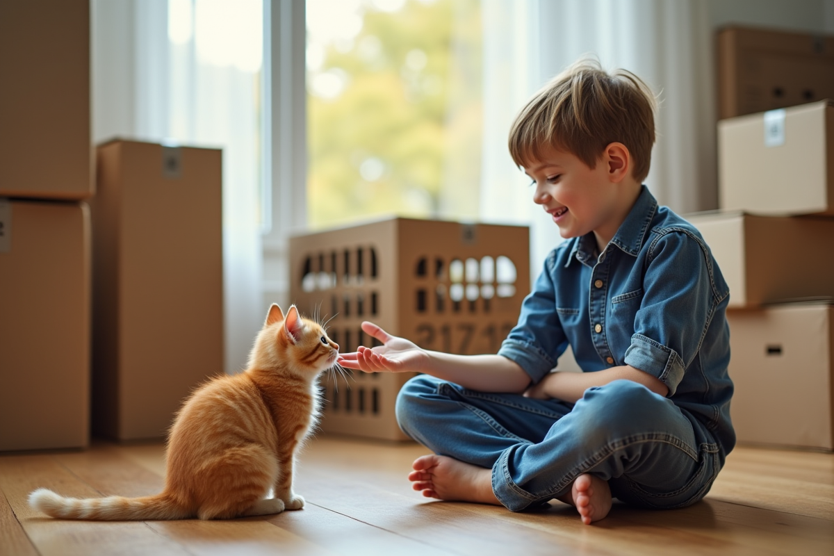 Enfant rassurant un chaton ginger dans un intérieur chaleureux