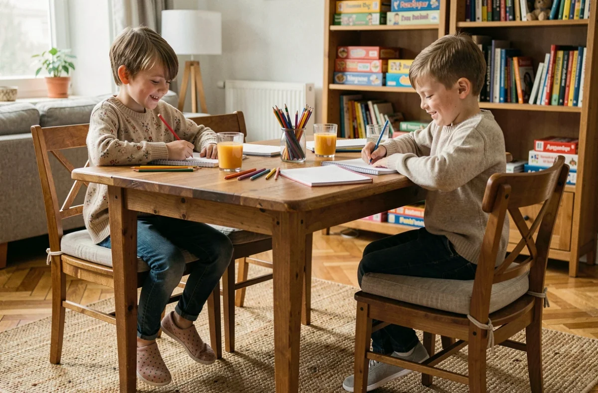 Deux enfants assis confortablement à une table à manger avec des coussins rehausseurs adaptés à leur hauteur pendant leurs activités