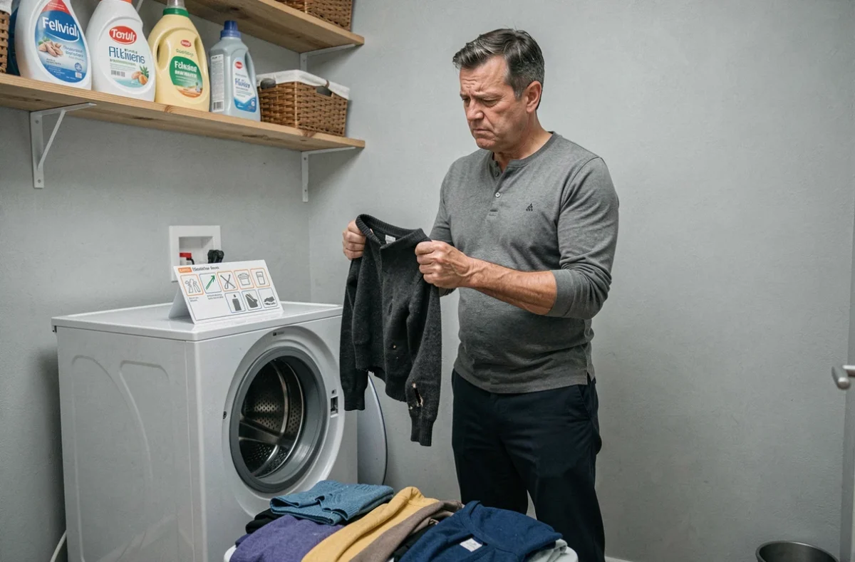 Homme tenant un pull rétréci devant un lave-linge après avoir ignoré les symboles de lavage