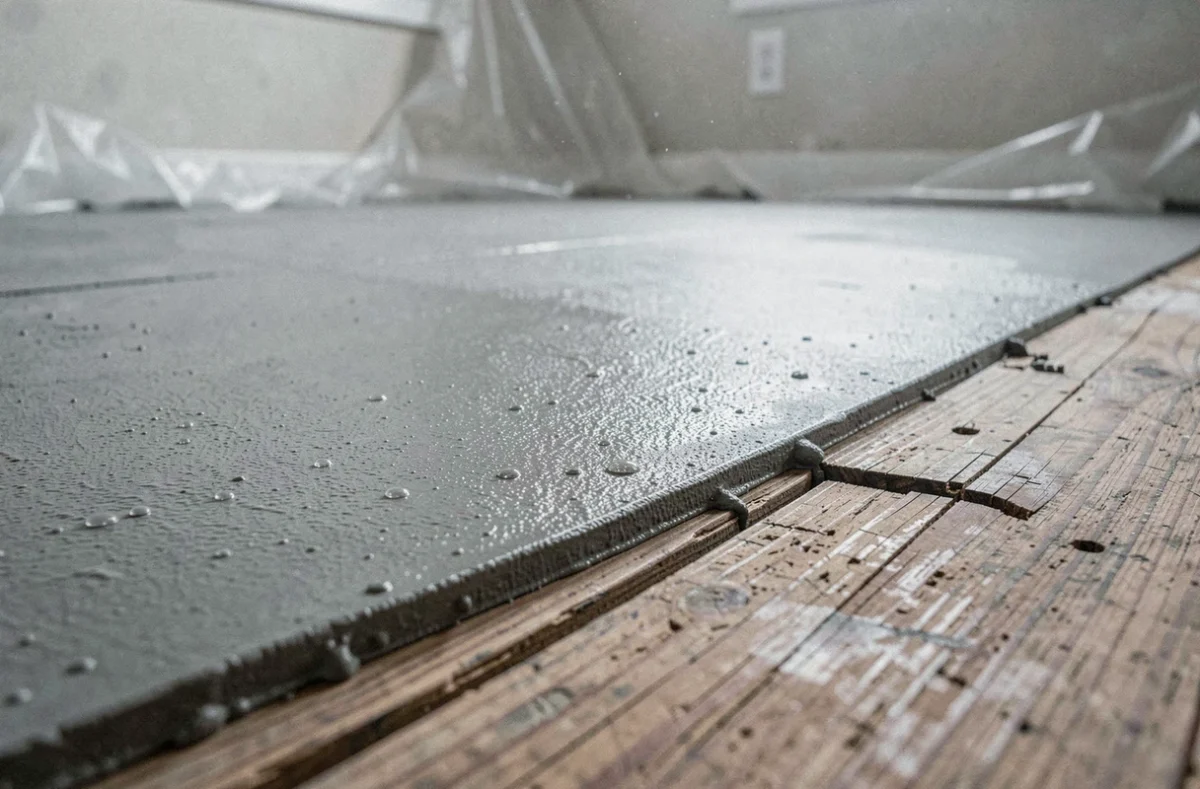 Détail d'une erreur de ragréage autolissant sur parquet ancien montrant des fissures et bulles d'air en bord de lame