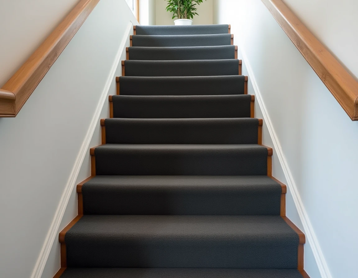Escalier intérieur entièrement recouvert de moquette anthracite sans barre de seuil visible, fixation invisible sur chaque marche