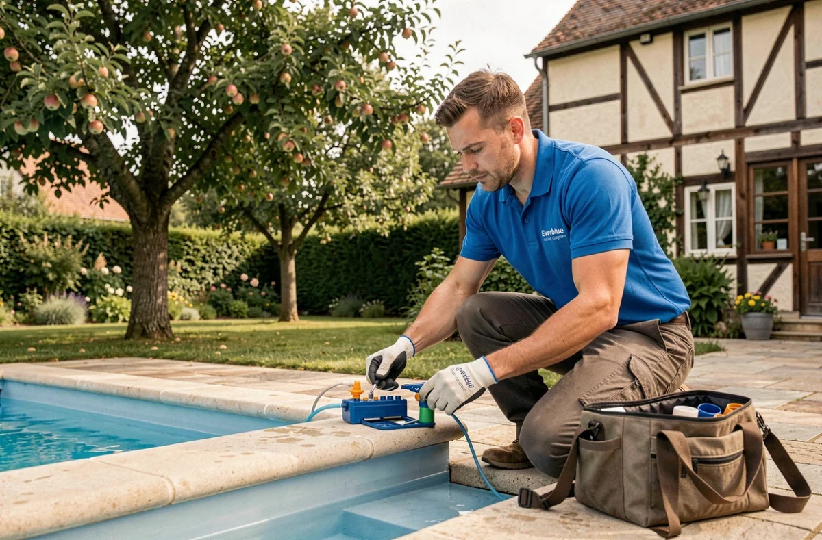 Technicien d'Everblue Normandie effectuant la maintenance et l'analyse de l'eau d'une piscine résidentielle normande