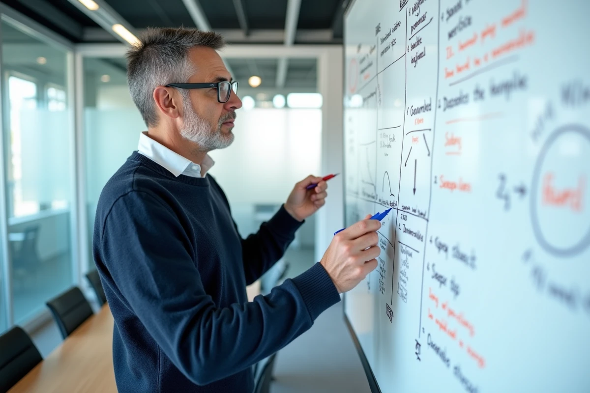 Expert en veille web présentant les mises à jour et points de vigilance de Maisonkayro.fr sur un tableau blanc