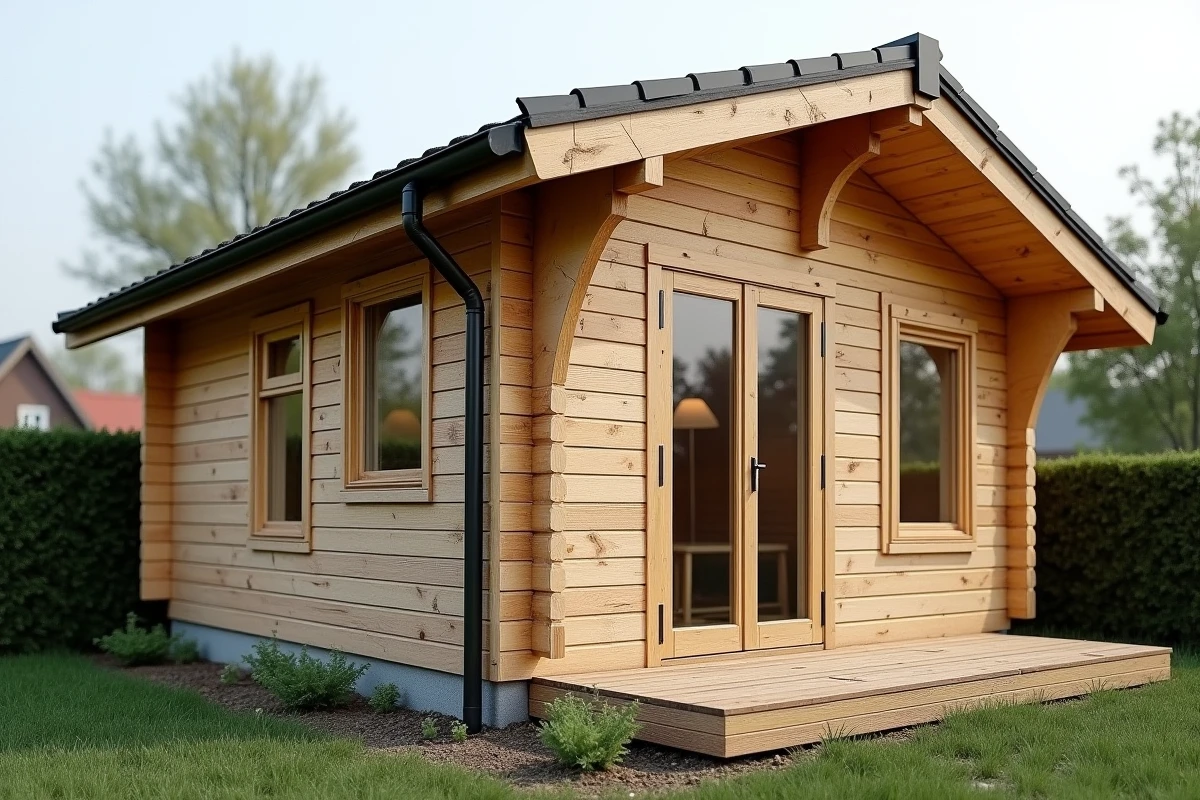 Extérieur d'un chalet bois 20m2 terminé mais présentant des défauts visibles : bardage fissuré, terrasse inégale et problèmes d'évacuation des eaux