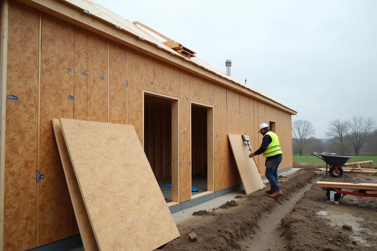 Vue large d'une façade en cours de bardage avec panneaux OSB fixés sur ossature bois dans un chantier résidentiel