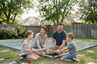 Famille joyeuse construisant une piscine dans leur jardin