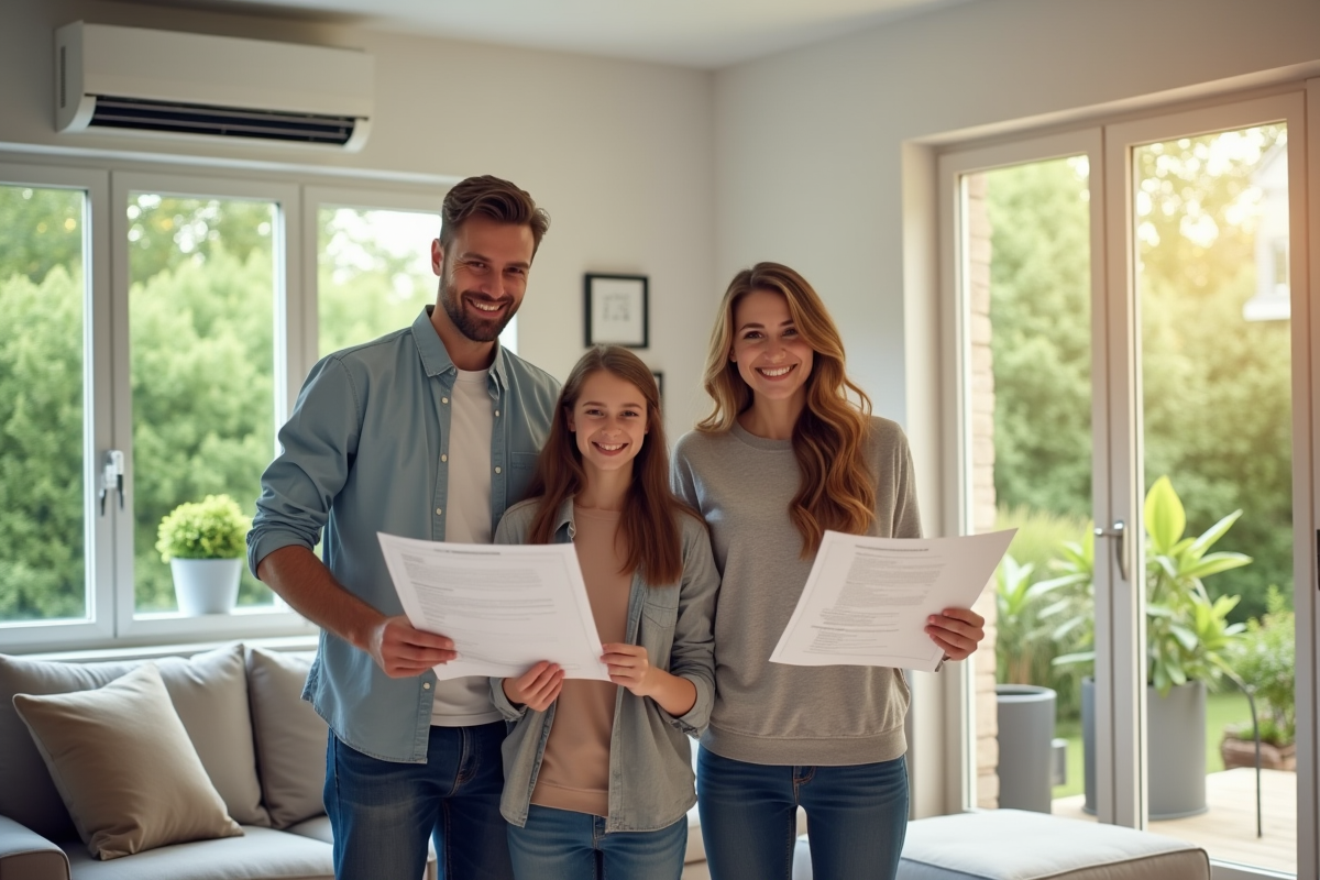 Famille souriante avec documents fiscaux dans une maison lumineuse
