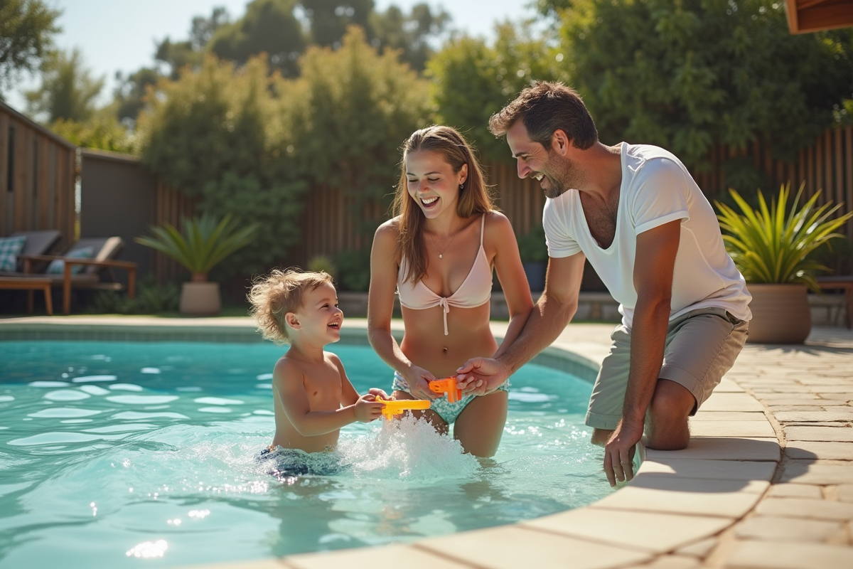 Famille jouant dans la piscine en été avec enfants