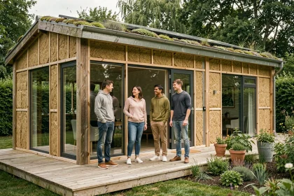 Famille devant une maison modulaire écologique avec toiture végétalisée et panneaux solaires intégrés
