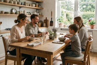 Famille réunie autour d'une table à manger en chêne adaptée à la hauteur des enfants dans une cuisine scandinave lumineuse