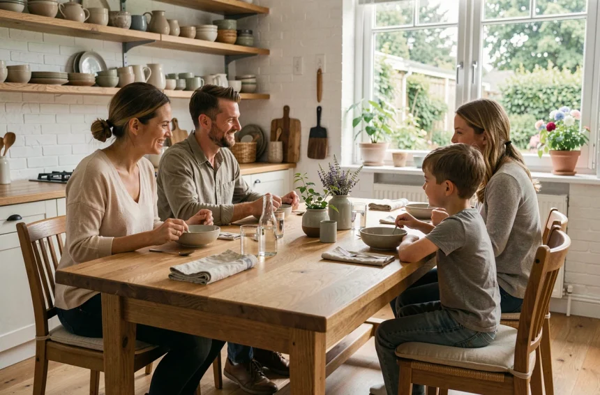 Famille réunie autour d'une table à manger en chêne adaptée à la hauteur des enfants dans une cuisine scandinave lumineuse