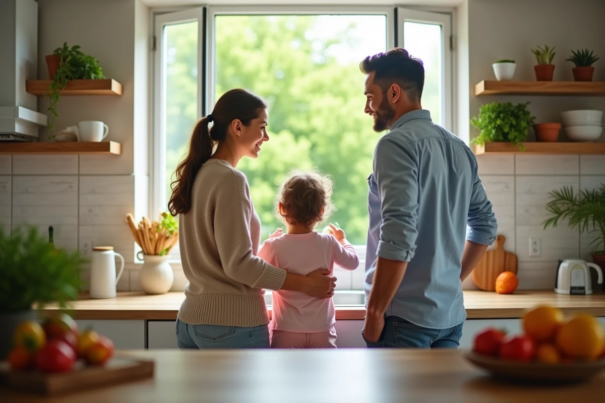 Famille ouvrant une fenetre dans la cuisine lumineuse