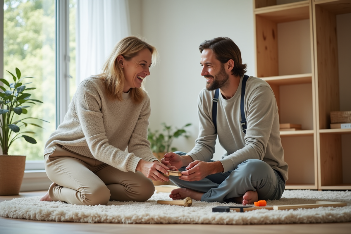 Femme souriante aide un professionnel à monter un meuble dans un salon lumineux