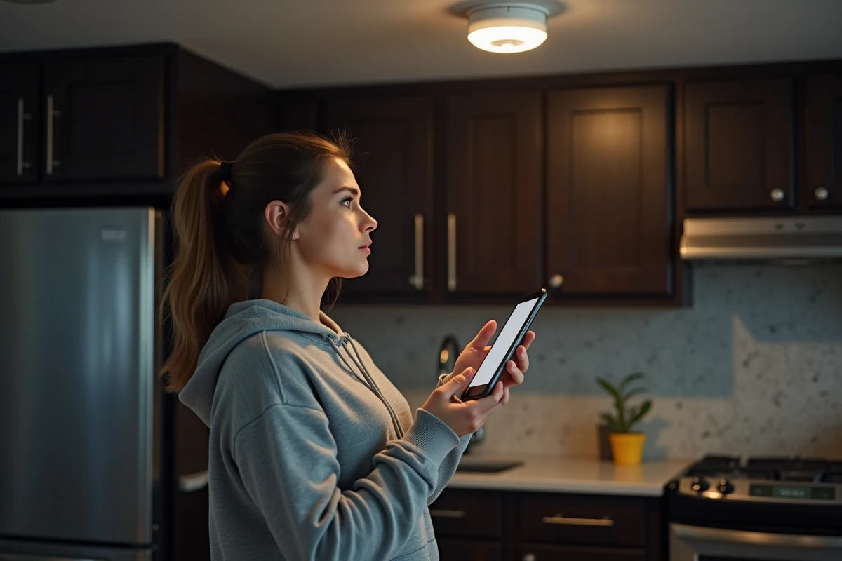 Femme vérifiant une alarme incendie qui sonne la nuit dans une cuisine moderne avec son smartphone