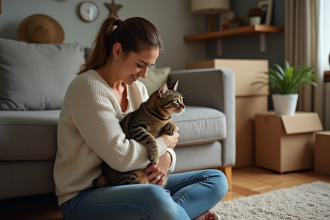 Femme réconfortant un chat tacheté dans un salon cosy