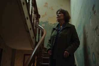 Femme d'âge moyen dans un escalier ancien et étroit