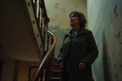 Femme d'âge moyen dans un escalier ancien et étroit