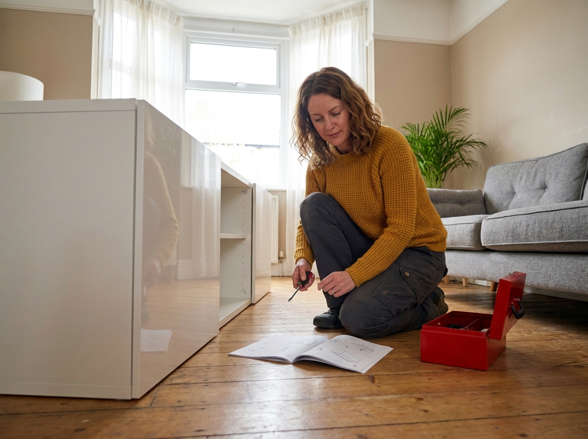 Femme assemblant un meuble de rangement Castorama dans un salon moderne