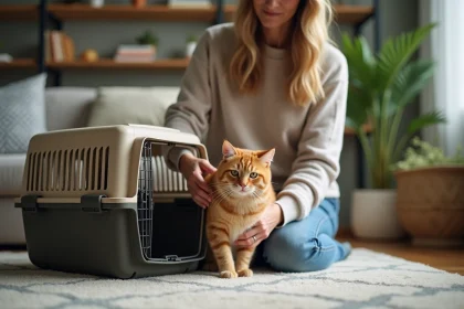 Femme posant un chat dans une cage de transport dans un salon chaleureux
