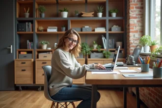 Femme souriante dans un bureau maison organisé et rénové