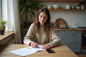 Femme remplissant un formulaire de changement d'adresse dans une cuisine chaleureuse